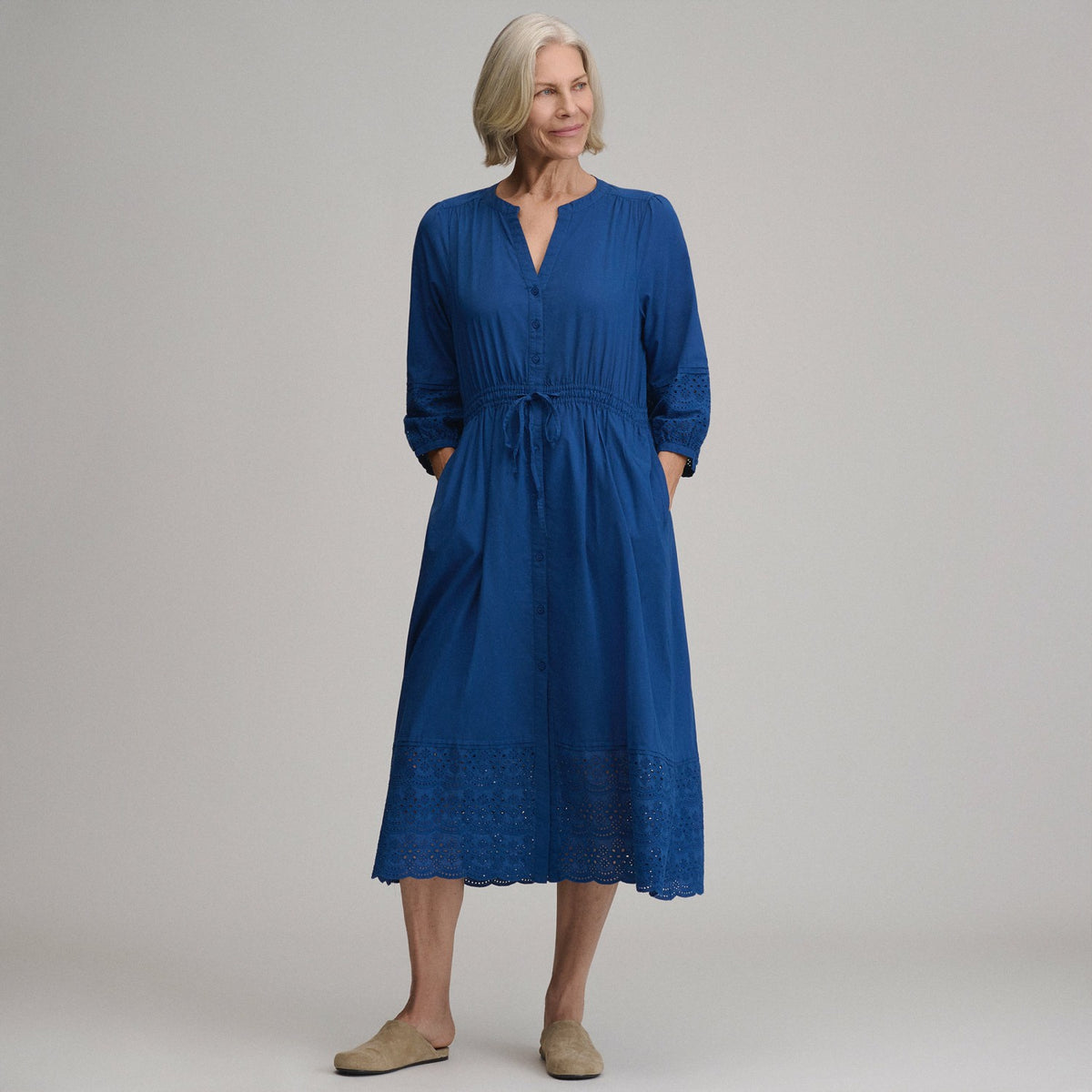 Women's 3/4 Sleeve Eyelet Button Front Belted Dress | Eddie Bauer