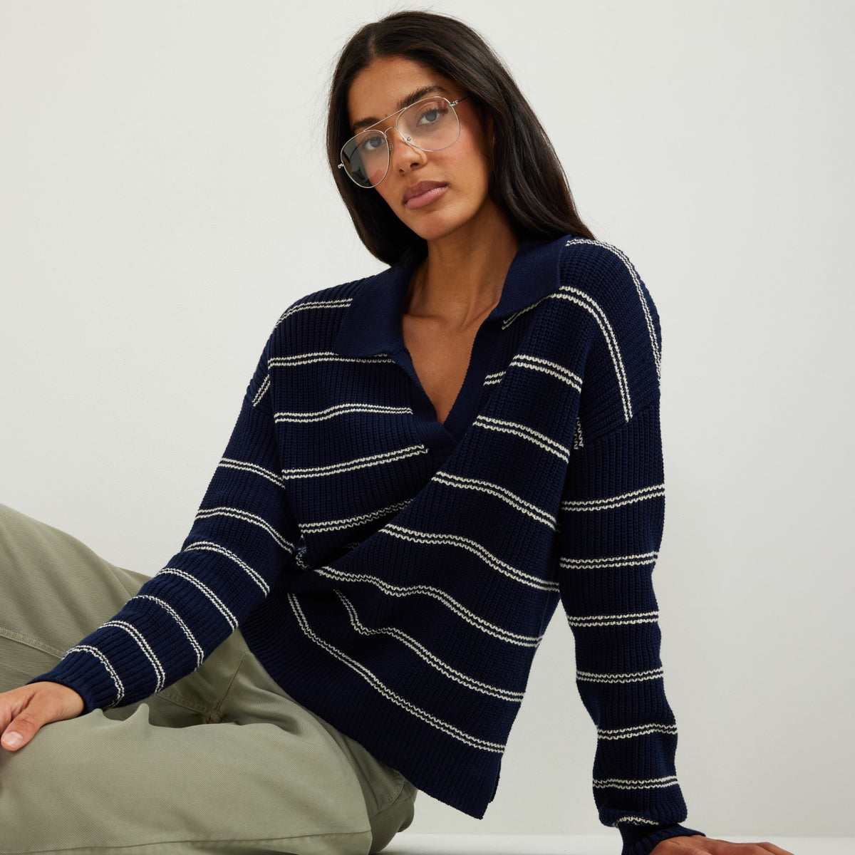 Women's Johnny Collar Stripe Sweater | Eddie Bauer