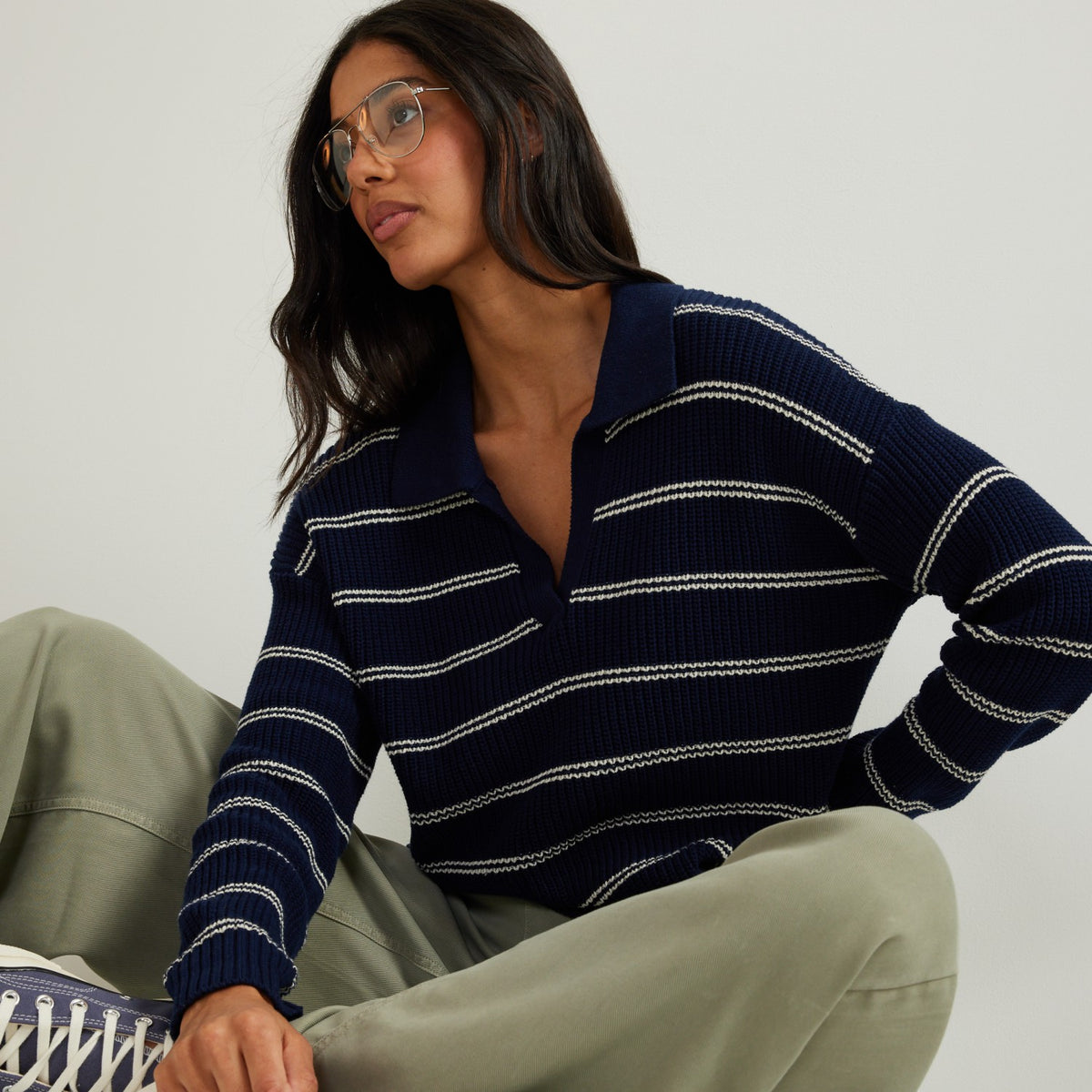 Women's Johnny Collar Stripe Sweater | Eddie Bauer