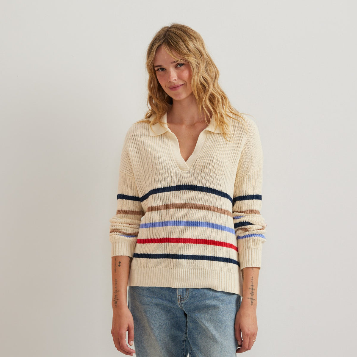 Women's Johnny Collar Multi Stripe Swe | Eddie Bauer