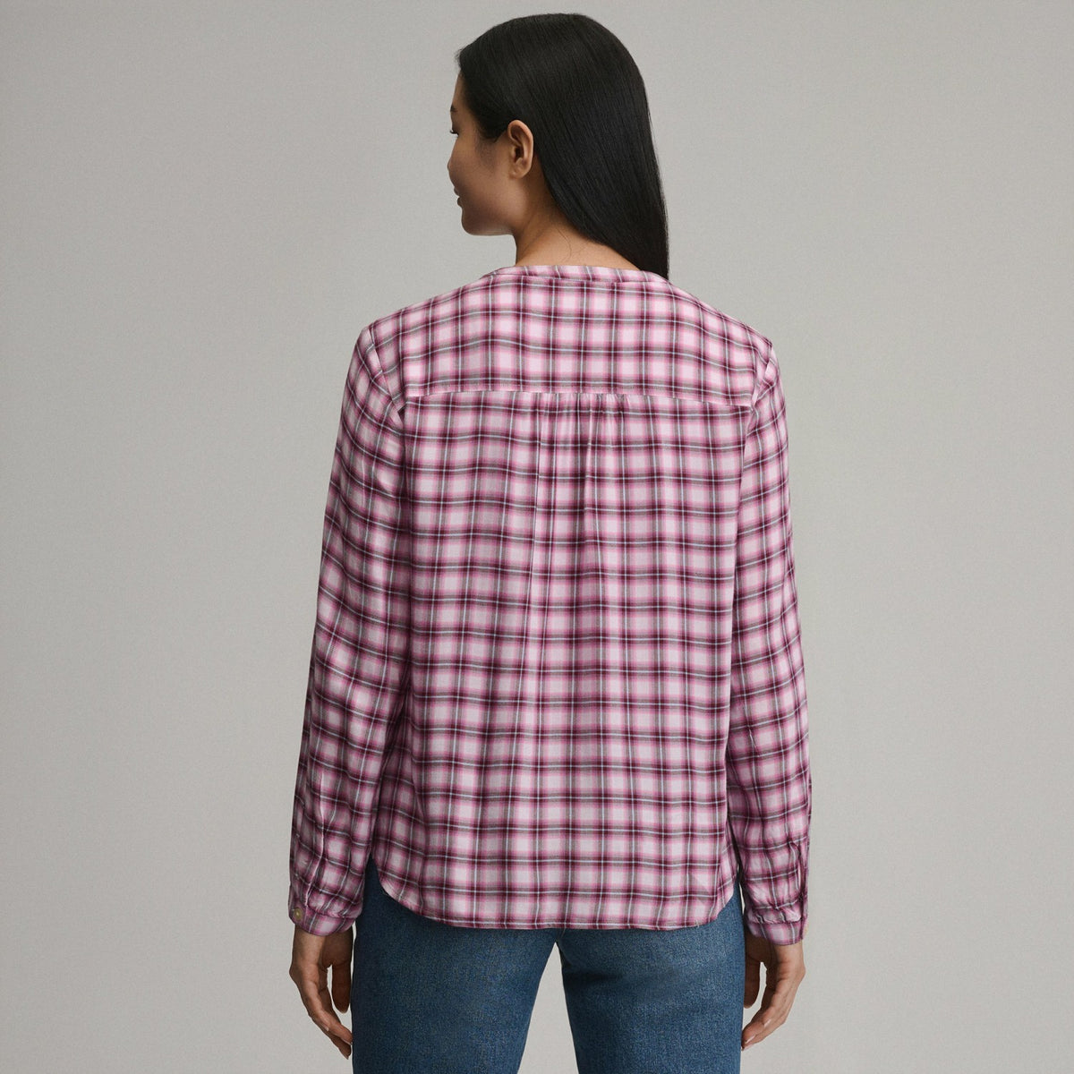 Women's Long-Sleeve Collarless Drapey Plaid Button-Down Shirt | Eddie Bauer