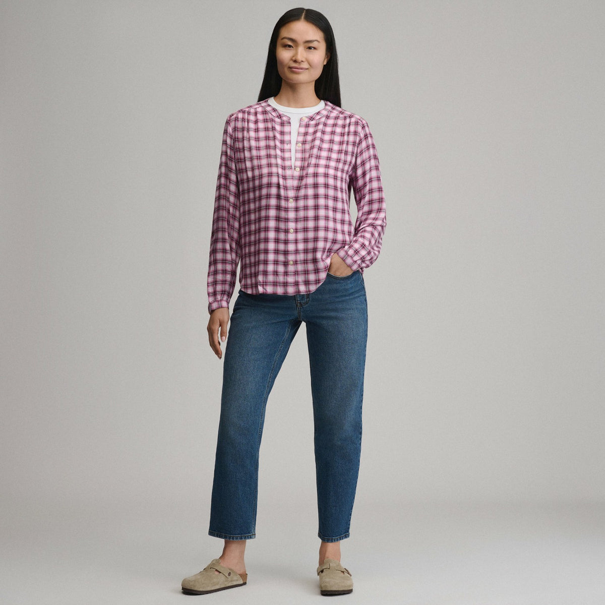 Women's Long-Sleeve Collarless Drapey Plaid Button-Down Shirt | Eddie Bauer