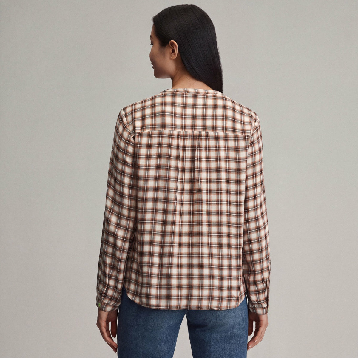 Women's Long-Sleeve Collarless Drapey Plaid Button-Down Shirt | Eddie Bauer