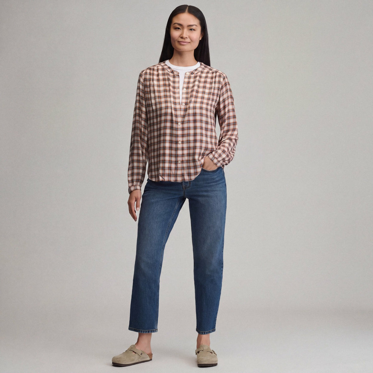 Women's Long-Sleeve Collarless Drapey Plaid Button-Down Shirt | Eddie Bauer