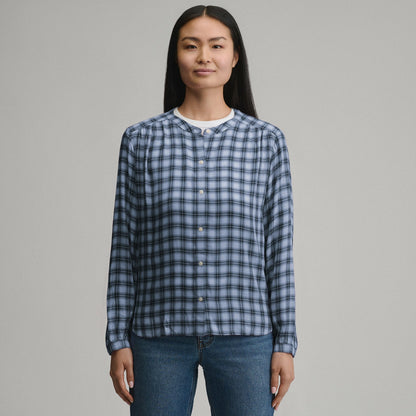 Women's Long-Sleeve Collarless Drapey Plaid Button-Down Shirt | Eddie Bauer