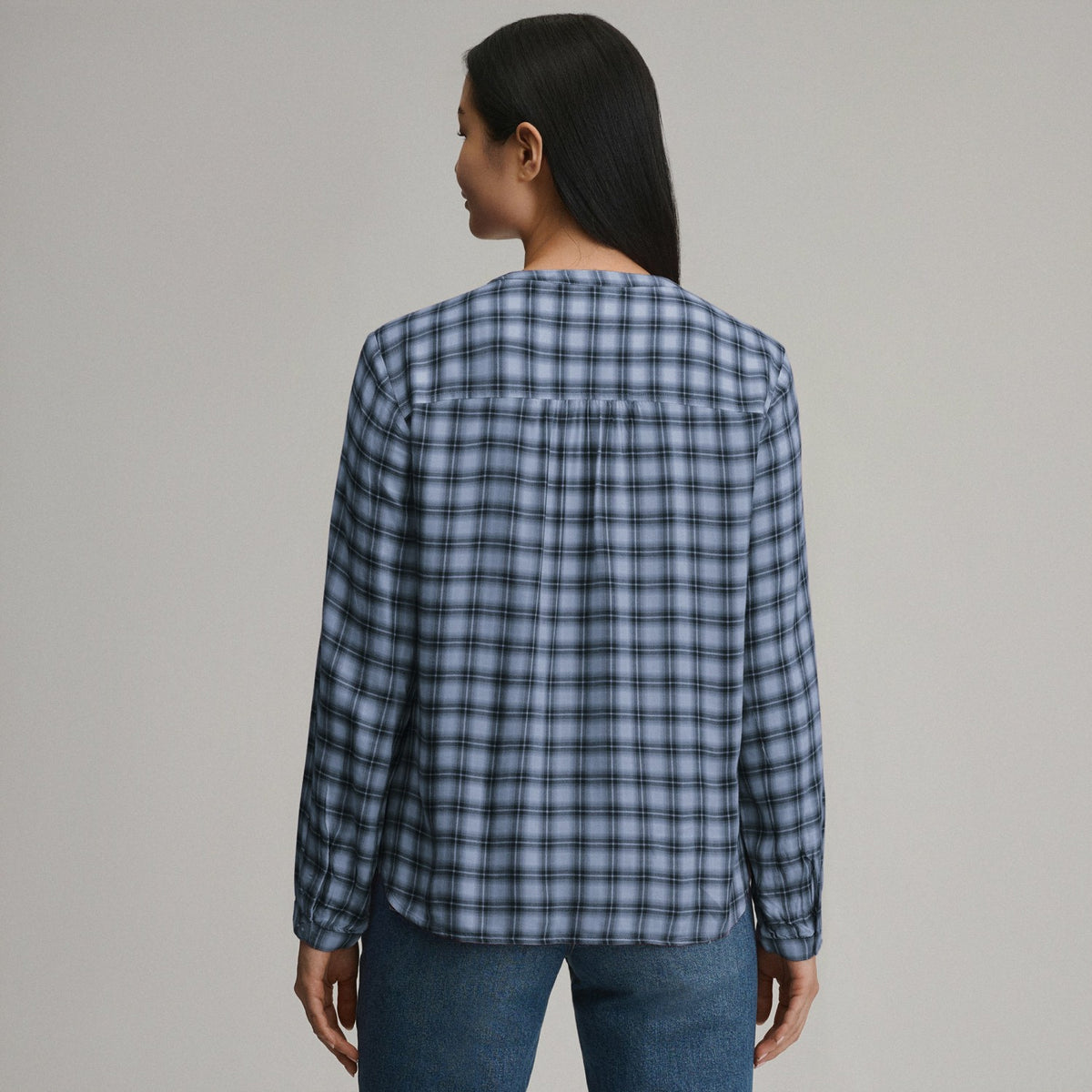 Women's Long-Sleeve Collarless Drapey Plaid Button-Down Shirt | Eddie Bauer