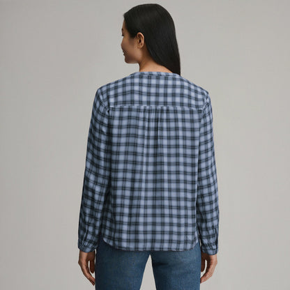 Women's Long-Sleeve Collarless Drapey Plaid Button-Down Shirt | Eddie Bauer