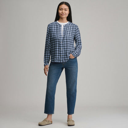 Women's Long-Sleeve Collarless Drapey Plaid Button-Down Shirt | Eddie Bauer