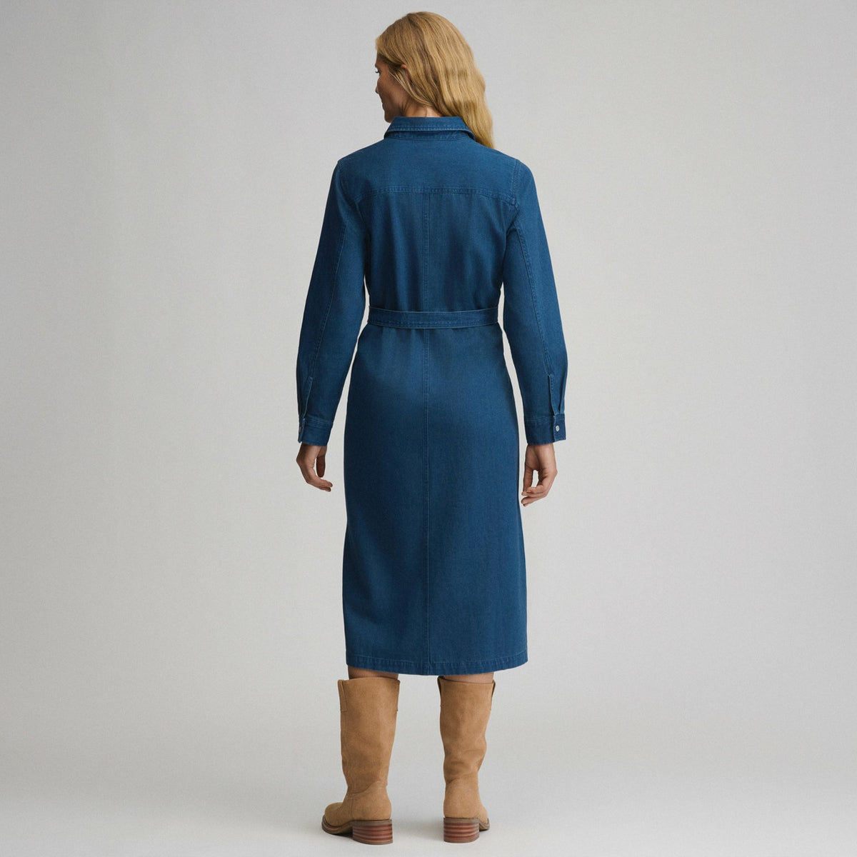 Women's Long-Sleeve Denim Button Front Belted Midi Dress | Eddie Bauer