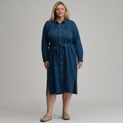 Women's Long-Sleeve Denim Button Front Belted Midi Dress | Eddie Bauer