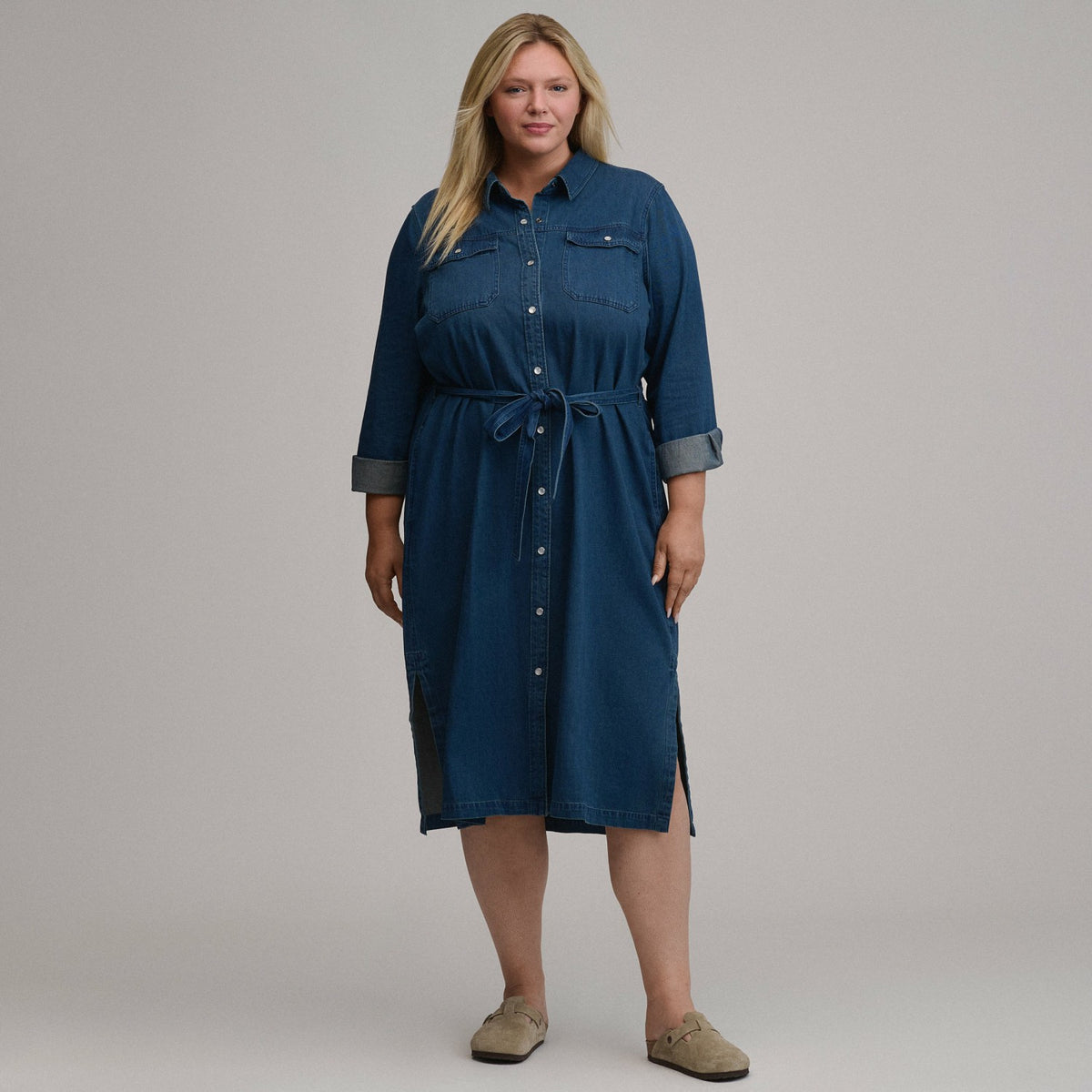 Women's Long-Sleeve Denim Button Front Belted Midi Dress | Eddie Bauer