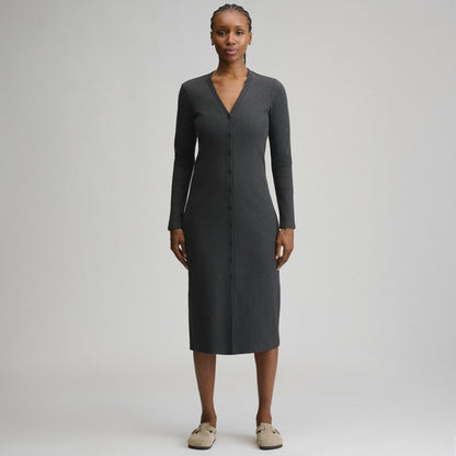 Women's Long-Sleeve Button Front Ribbed Knit Midi Dress | Eddie Bauer
