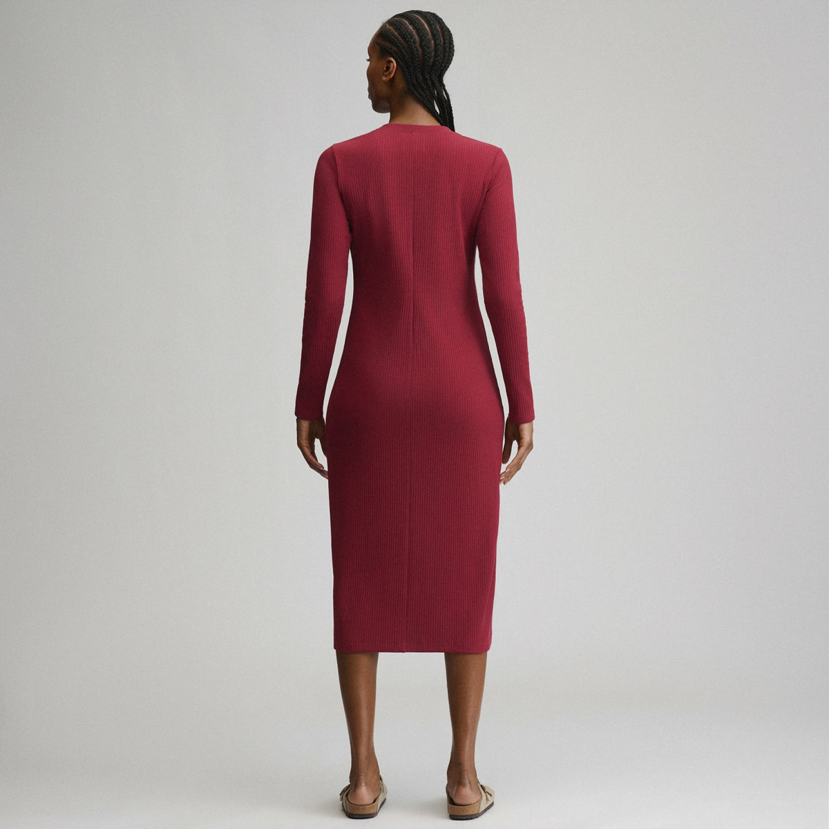 Women's Long-Sleeve Button Front Ribbed Knit Midi Dress | Eddie Bauer