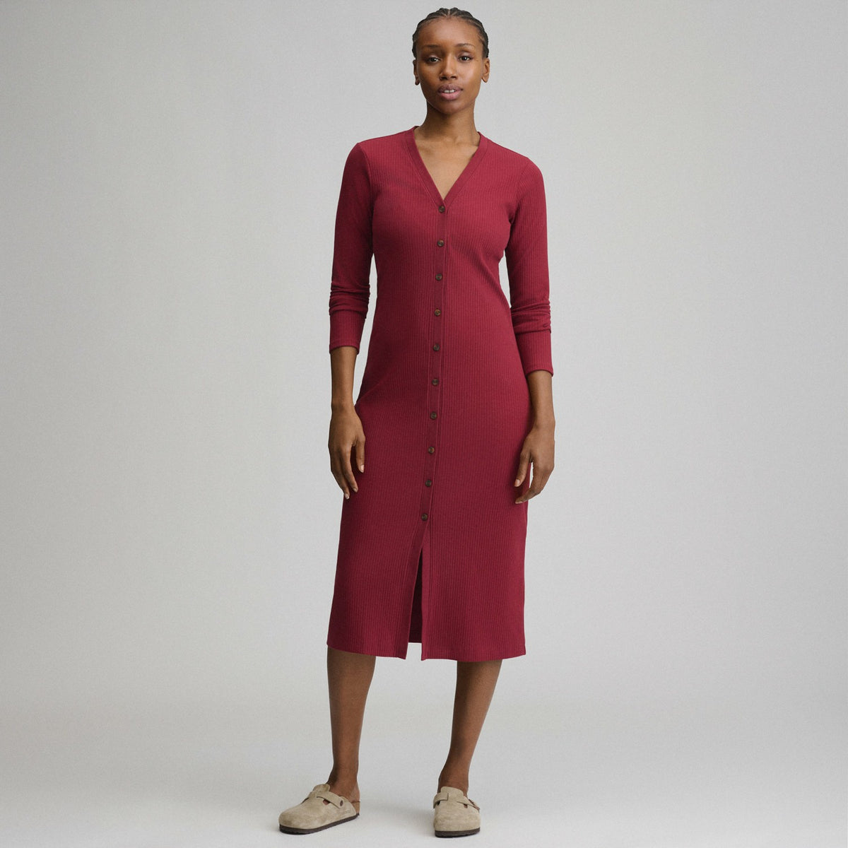 Women's Long-Sleeve Button Front Ribbed Knit Midi Dress | Eddie Bauer
