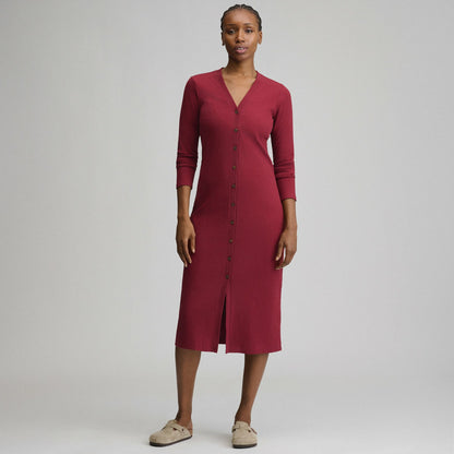 Women's Long-Sleeve Button Front Ribbed Knit Midi Dress | Eddie Bauer