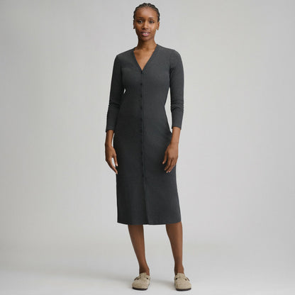 Women's Long-Sleeve Button Front Ribbed Knit Midi Dress | Eddie Bauer