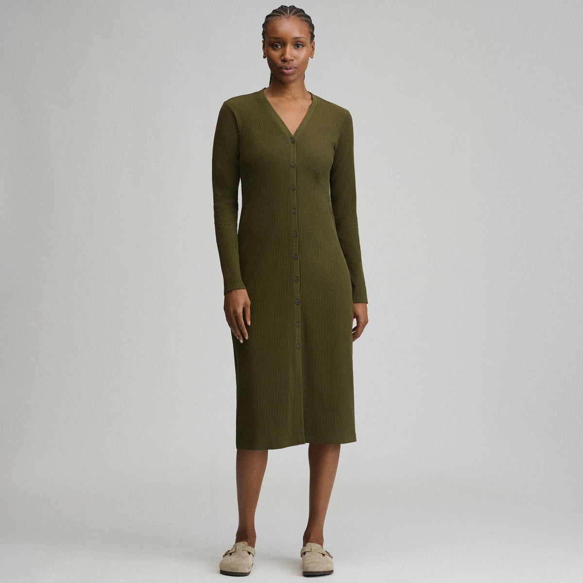 Women's Long-Sleeve Button Front Ribbed Knit Midi Dress | Eddie Bauer