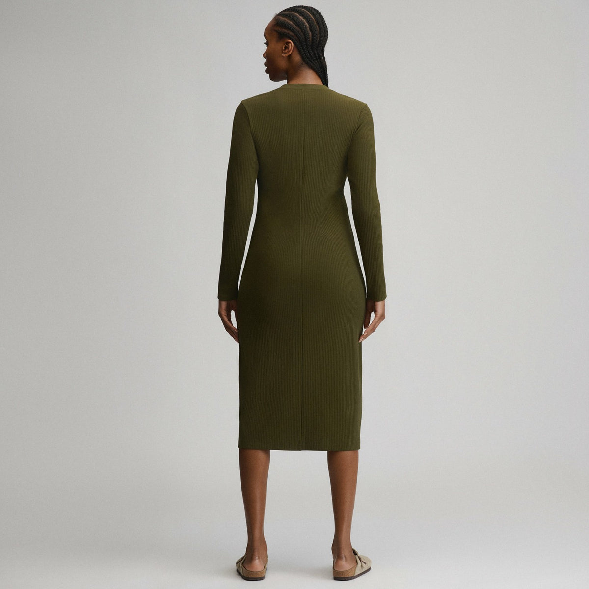Women's Long-Sleeve Button Front Ribbed Knit Midi Dress | Eddie Bauer