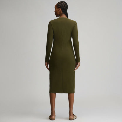 Women's Long-Sleeve Button Front Ribbed Knit Midi Dress | Eddie Bauer