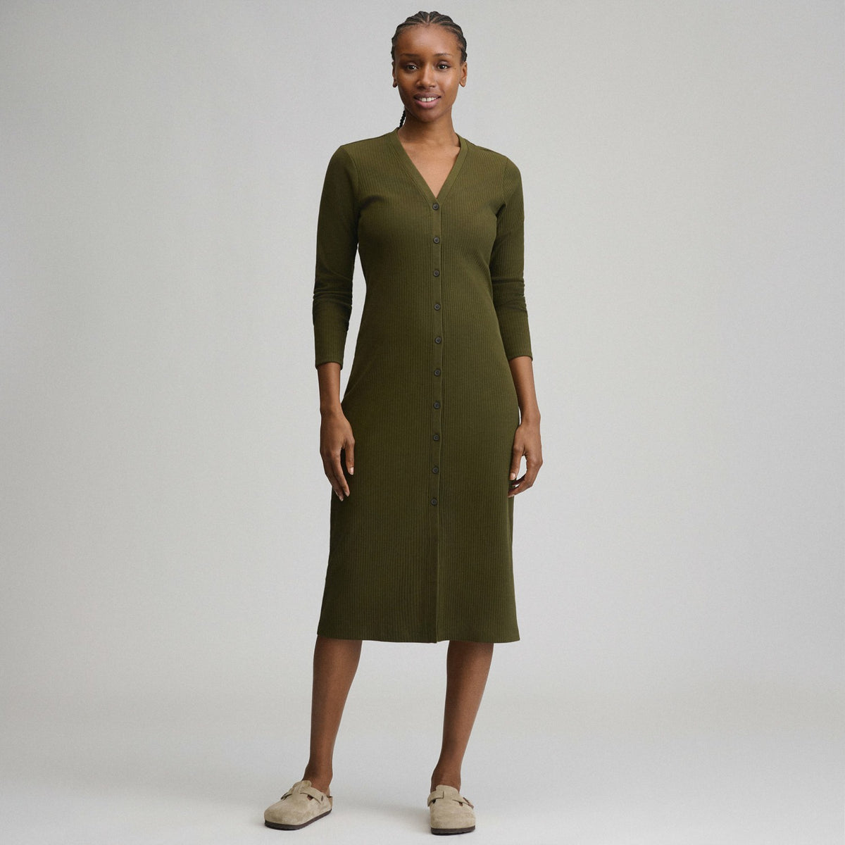Women's Long-Sleeve Button Front Ribbed Knit Midi Dress | Eddie Bauer