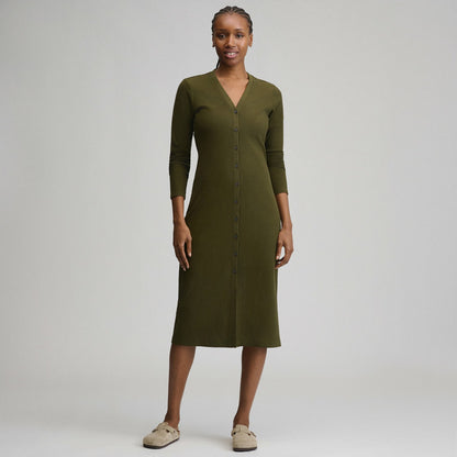 Women's Long-Sleeve Button Front Ribbed Knit Midi Dress | Eddie Bauer