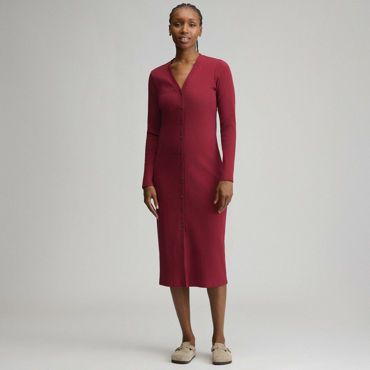 Women's Long-Sleeve Button Front Ribbed Knit Midi Dress | Eddie Bauer