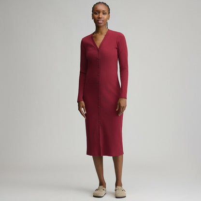 Women's Long-Sleeve Button Front Ribbed Knit Midi Dress | Eddie Bauer