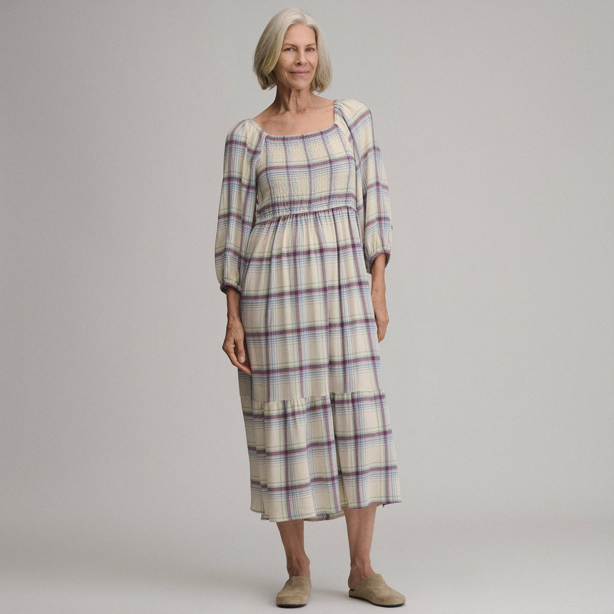 Women's Plaid 3/4 Sleeve Smocked Bodice Dress | Eddie Bauer