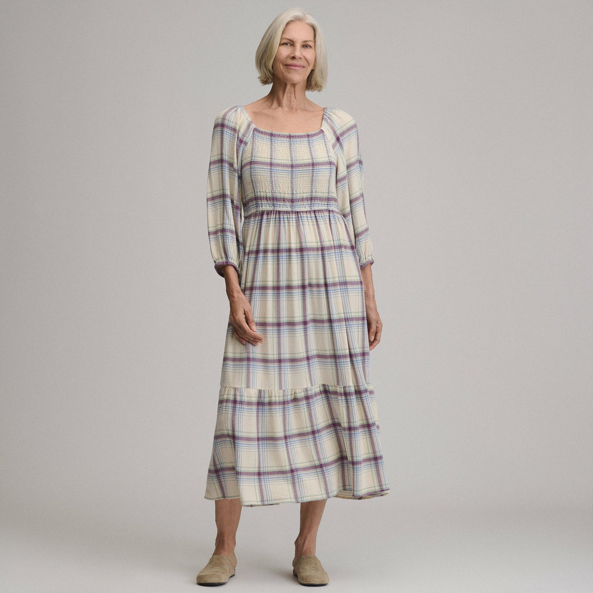 Women's Plaid 3/4 Sleeve Smocked Bodice Dress | Eddie Bauer