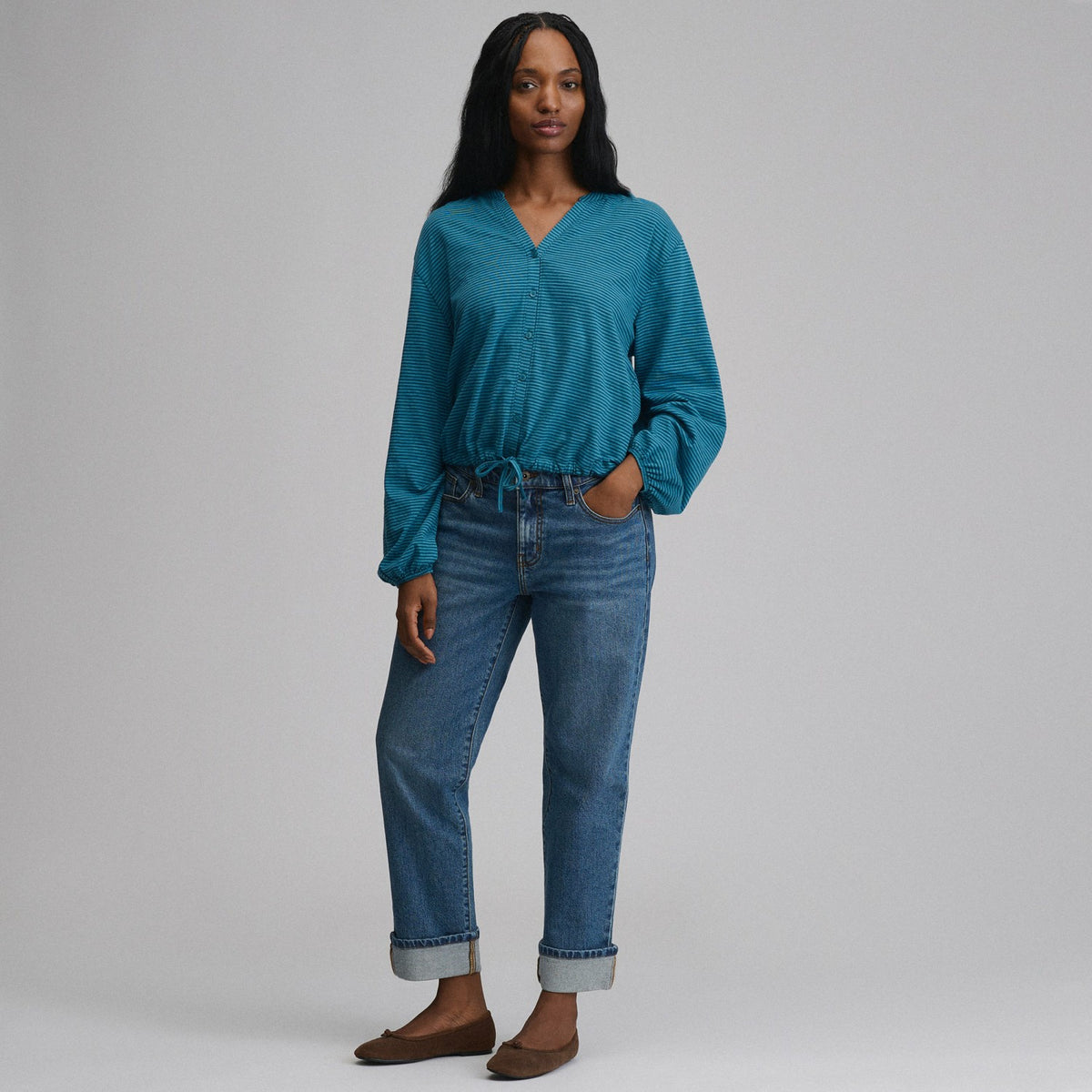 Women's Long-Sleeve Button Front Drawstring Hem Top | Eddie Bauer