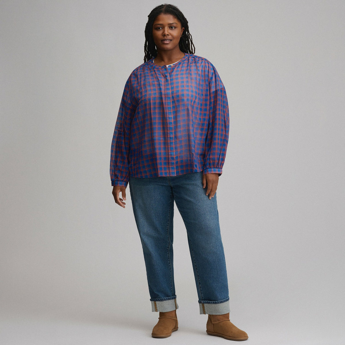 Women's Long-Sleeve Collarless Button-Down Shirt | Eddie Bauer