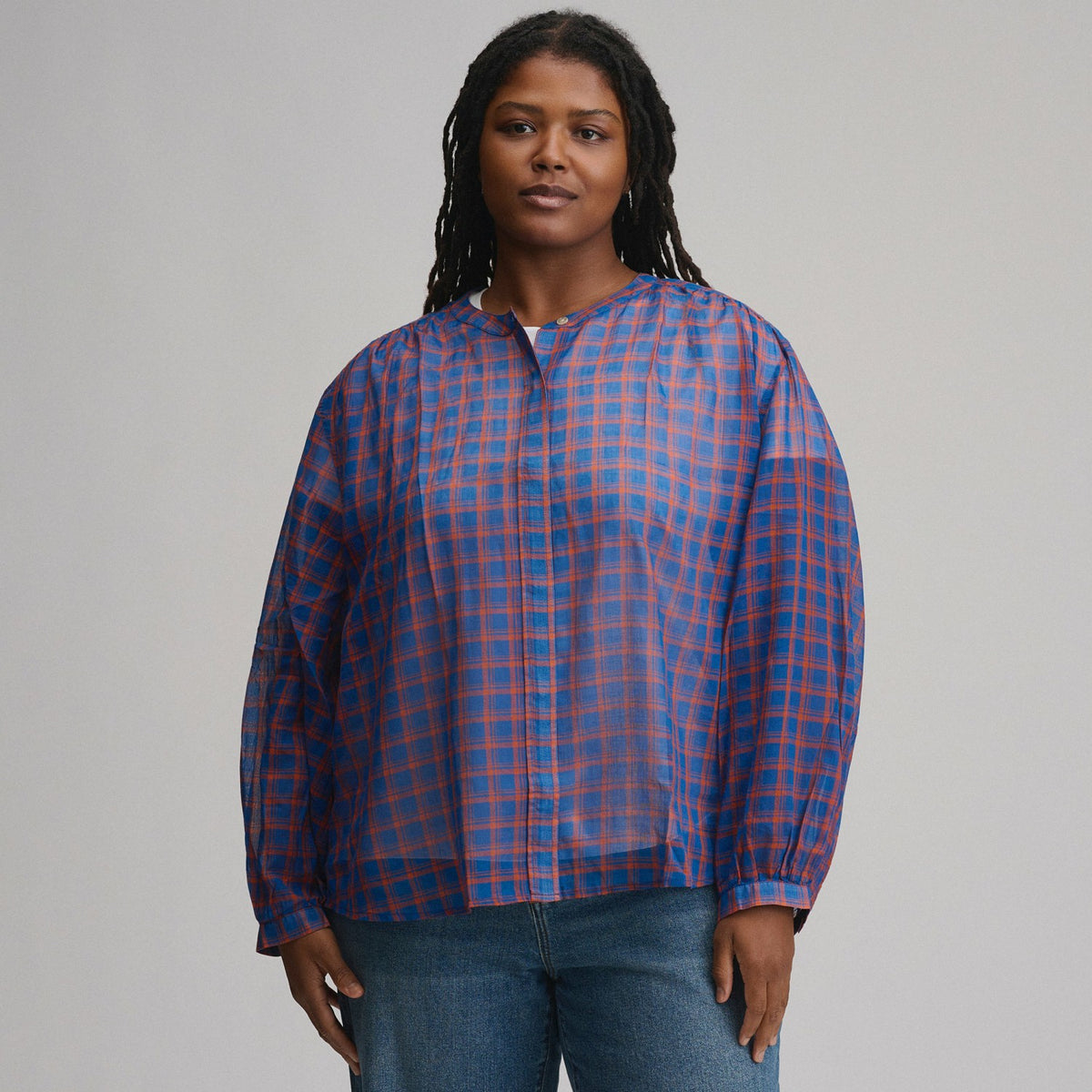 Women's Long-Sleeve Collarless Button-Down Shirt | Eddie Bauer