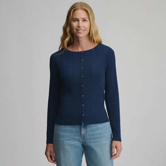 Women's Long-Sleeve Pointelle Button Front Top | Eddie Bauer