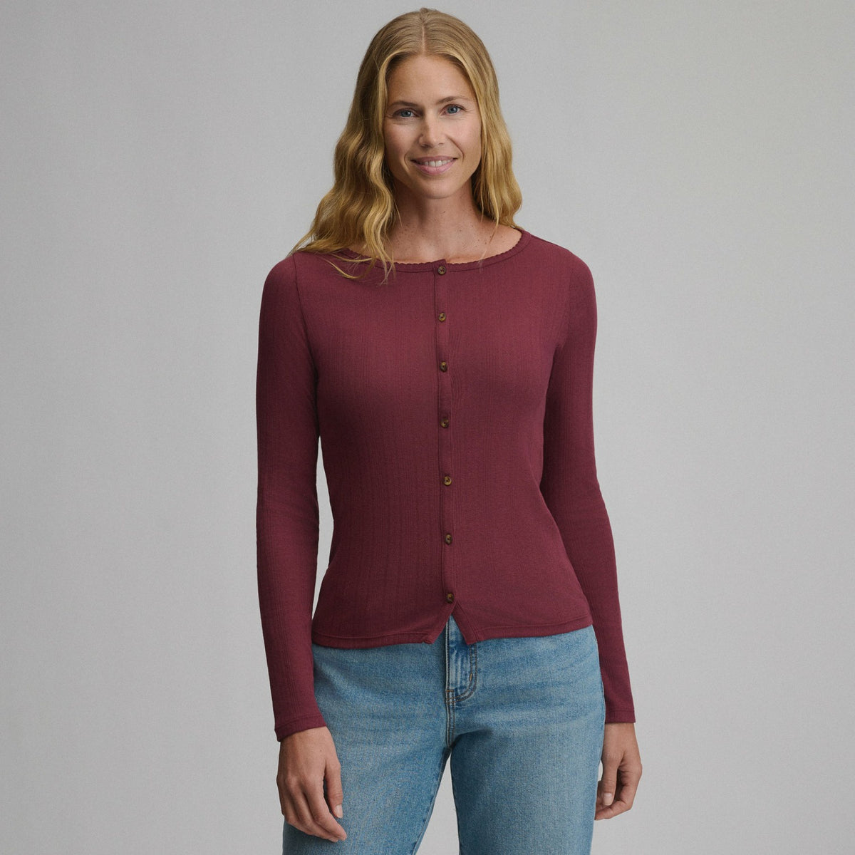Women's Long-Sleeve Pointelle Button Front Top | Eddie Bauer