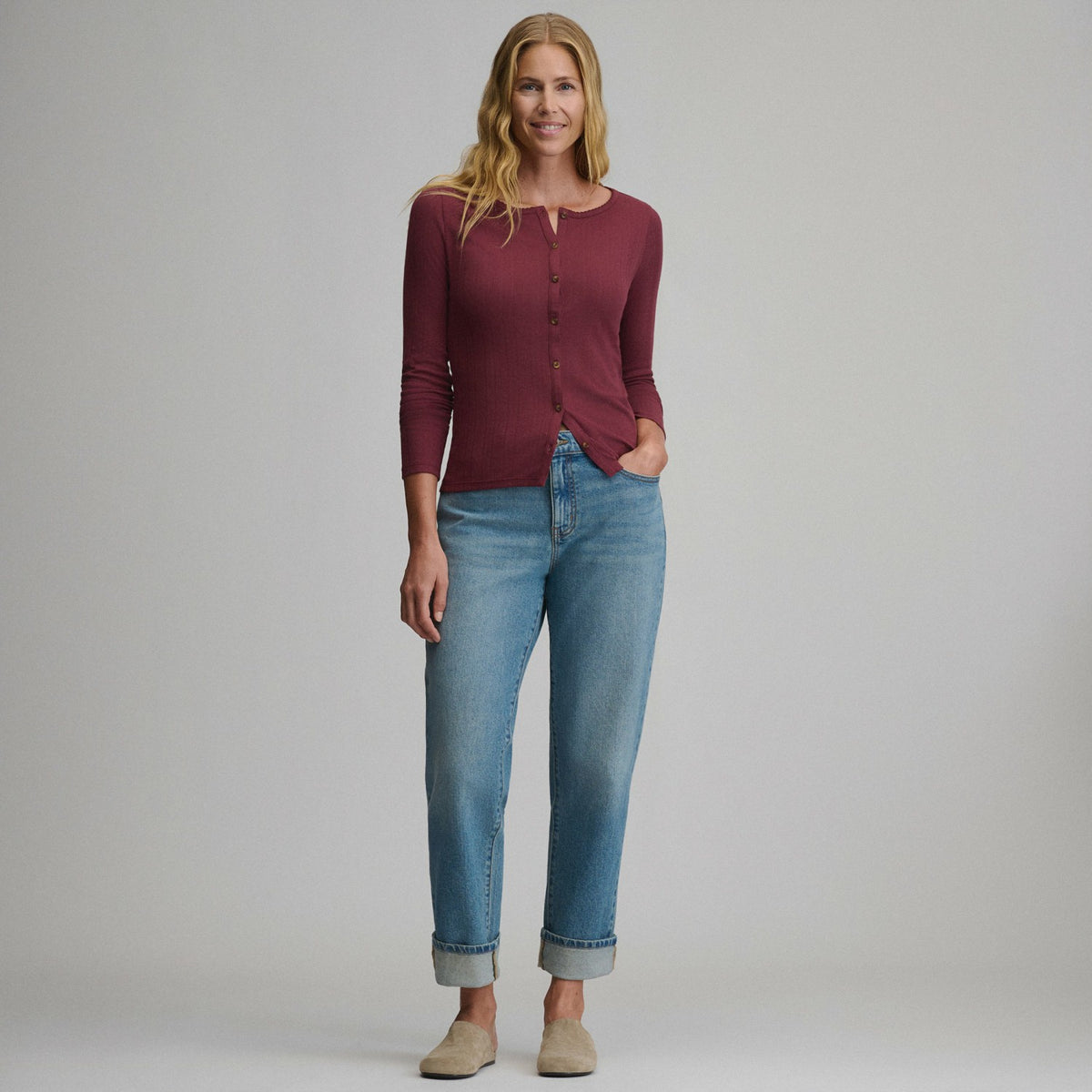 Women's Long-Sleeve Pointelle Button Front Top | Eddie Bauer
