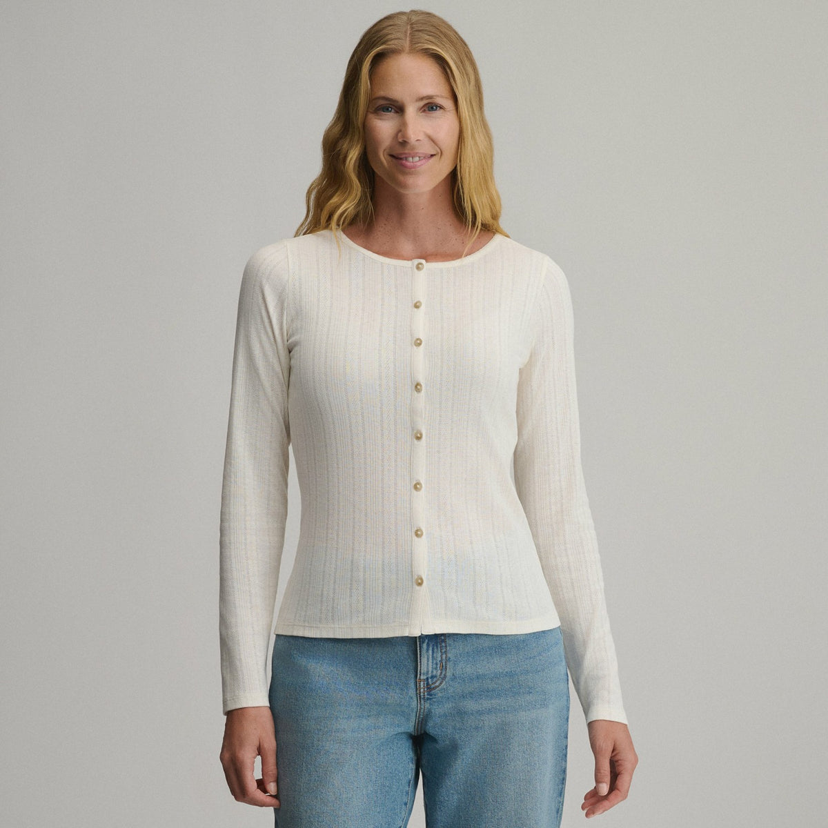 Women's Long-Sleeve Pointelle Button Front Top | Eddie Bauer